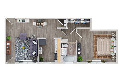 A top-down view of a well-organized kitchen and living room.